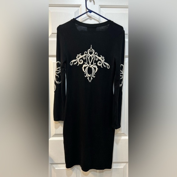 Joseph Ribkoff Little Black Dress Long Sleeve Goth Silhouette Embroidery Size 6 - Picture 2 of 8